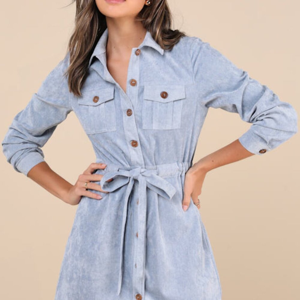 Lulus Simple Affection Blue Corduroy Mini Dress With Pockets - Size S